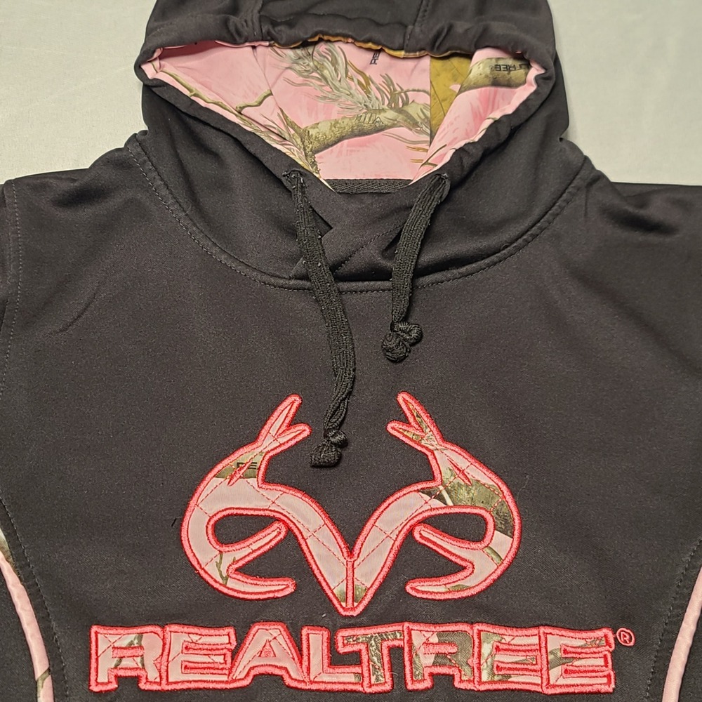 Realtree Hoodie Women L Black Pink Camo Performance Logo Pullover Sweatshirt